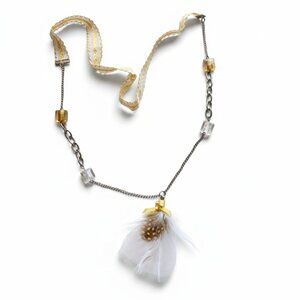 CREATION - Elegant Long Yellow and white Necklace with Feather Pendant